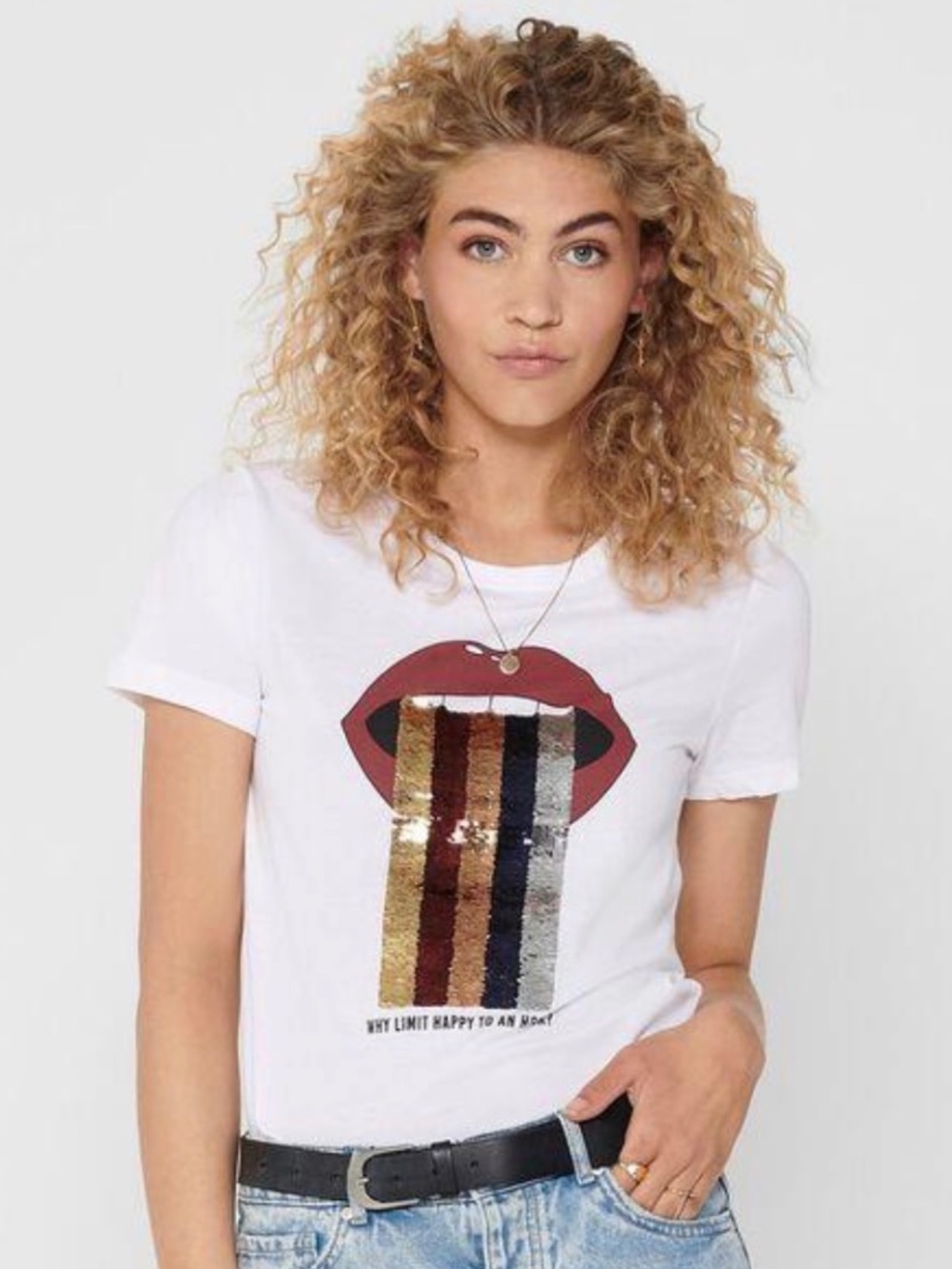 "Why Limit Happy To An Hour" - Sequin Lips - Graphic Tee - Size S